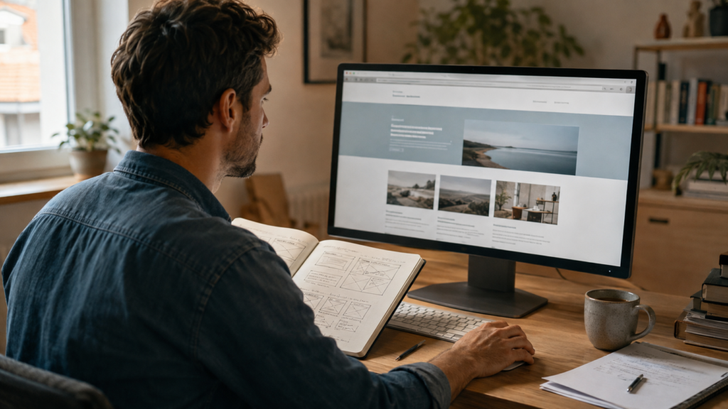 AI-generated illustration: a designer at a computer compares a website layout with sketches in an open notebook. Fictional scene.