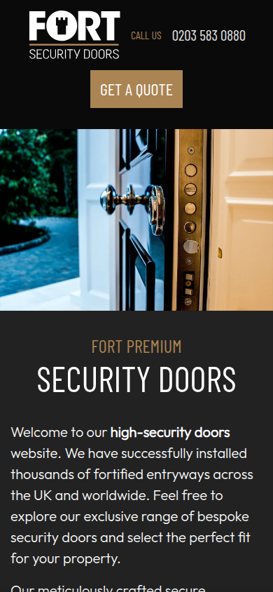 Fort Premium Doors website on a phone