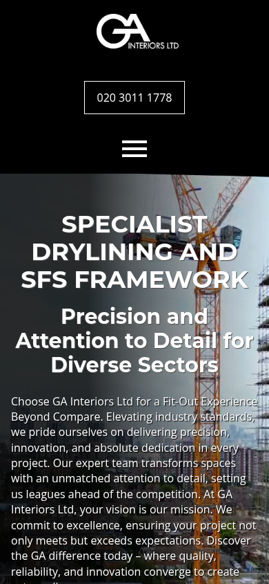 GA Interiors Ltd website on a phone