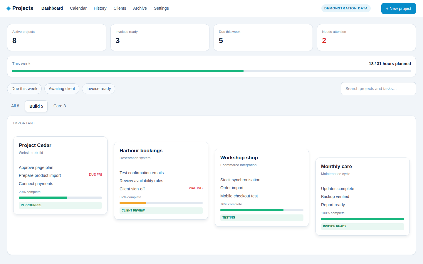 Projects CRM website on desktop