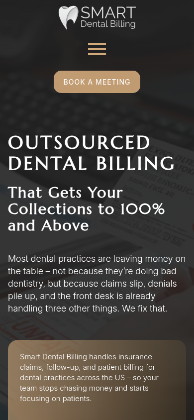 Smart Dental Billing website on a phone
