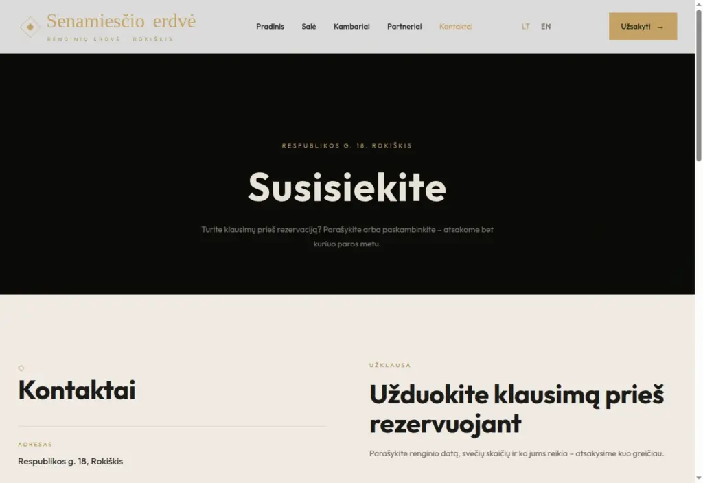Kontaktų puslapis su užklausos forma ir informacija apie vietą.